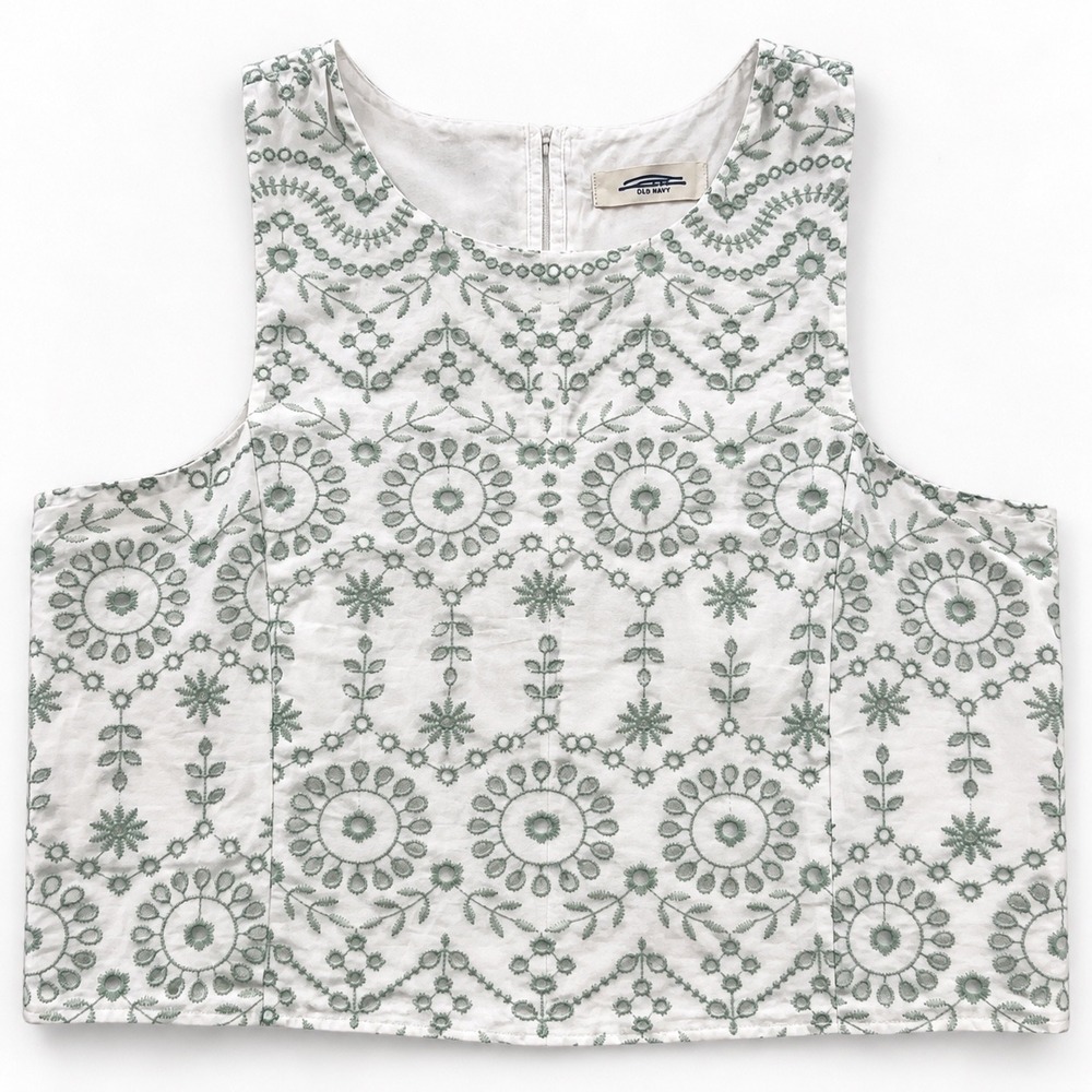 Loft Womens 14 White Sage Green Floral Eyelet Embroidered Crop Top Sleeveless